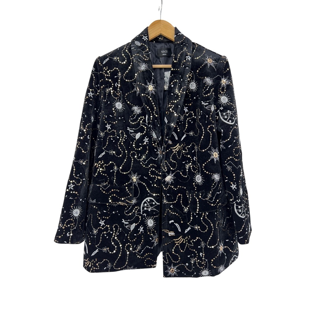 VICI‎ Womens Black Velvet Celestial Sequin Star Blazer Whimsigoth Small NWOT